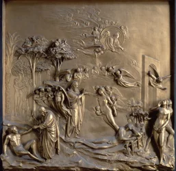 The Story of Adam: The Creation of Adam and Eve, the Temptation and the Expulsion from the Garden, One of Ten Relief Panels from the Gates of Paradise (East Doors) by Lorenzo Ghiberti, 1425